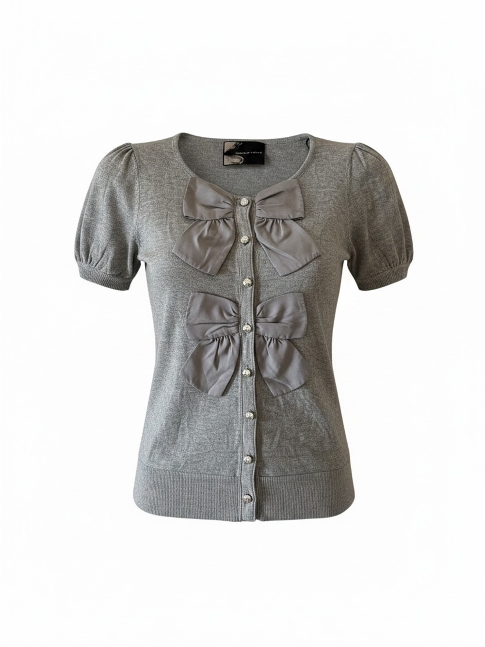 Twelve by Twelve Gray Short-Sleeve Bow-Front Jeweled Buttons Cardigan